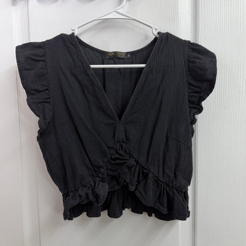 FancyInn black ruffle cap sleeve v-neck cotton cropped blouse top casual medium